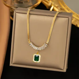 Green Stone Square Pendant Gold Necklace thumbnail 1