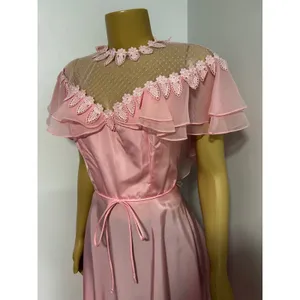 Vintage 70s Pink Maxi Dress Lace Mesh Yoke Flutter Sleeve Romantic Prom 9/10 thumbnail 2
