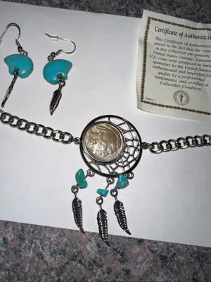 NEW American Coin Buffalo Nickel Dream Catcher Bracelet and turquoise earrings thumbnail 3