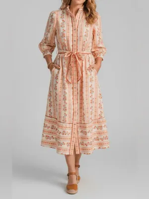 Entro Floral 100% Cotton Puff Sleeve Belted Midi Dress with Pockets Size Small thumbnail 2