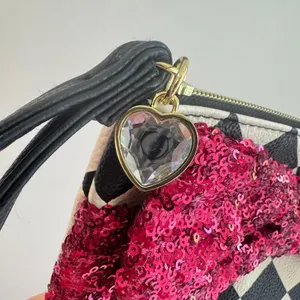 Betsey Johnson Checkered Wristlet Pink Sequin‎ Bow Heart Charm Clutch Bag thumbnail 3