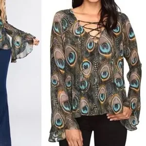 Show Me Your Mumu Peacock Feather Lace Up Bell Sleeve Blouse Medium thumbnail 2
