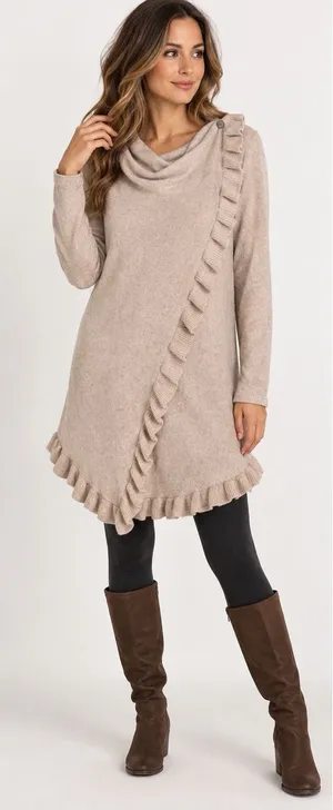 Claudia Nichole M Silk Cashmere Ruffle Wrap Cowl Neck Sweater Tunic thumbnail 1
