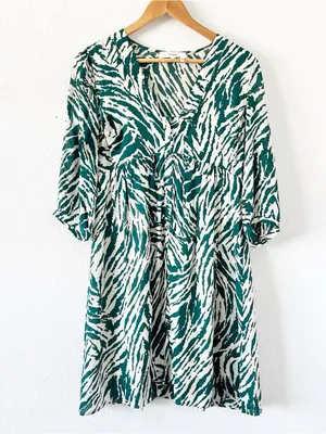 BA&SH Zebra Print Green Cream V-Neck Flowy Boho Mini Dress thumbnail 2