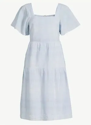 Free Assembly Women’s Tiered Midi dress light blue plaid size M elastic back flu thumbnail 1