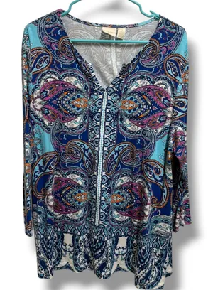 Chico's Paisley Tunic Top Size 3 Blue Purple V-Neck 3/4 Sleeve‎ XL 16 thumbnail 1