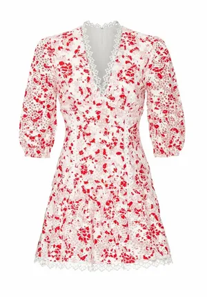 La Maison Talulah Red White Floral Lace Mini Dress V-Neck Puff Sleeve 0406 thumbnail 1