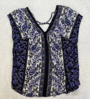 Lucky Brand top Womens S Short Sleeve Peasant Blue Print floral - flaw‎ thumbnail 1