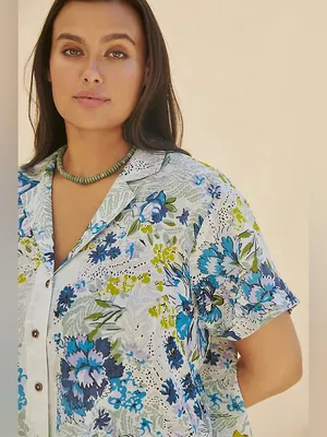 Anthropologie Printed Surf Shirt Short Sleeve Button Down Blue Floral Sz Large thumbnail 2