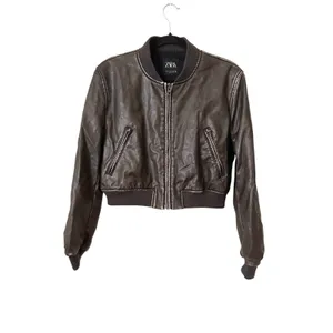 ZARA Faux Leather Cropped Bomber Jacket Brown Medium thumbnail 3