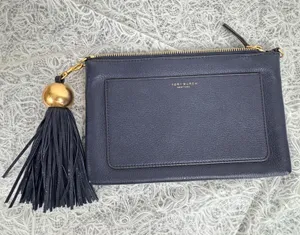 Tory Burch Thea Navy Pebbled Leather Tassel Clutch Bag Gold Hardware thumbnail 1