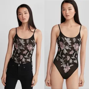 Express Black Sheer Bodysuit Pink Floral Embroidery Party Medium Going Out thumbnail 2