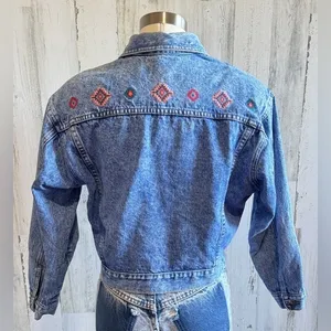 Vintage Cropped Embroidered Denim Jacket Southwestern‎ Boho Medium thumbnail 3