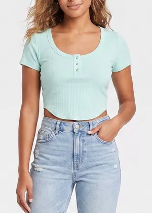 Wild Fable Crop Top Womens S Ribbed Henley Mint Green Short Sleeve Excellent thumbnail 1