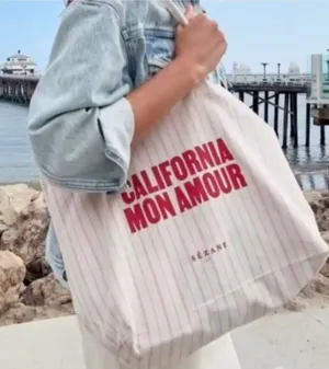 Sézane cream red California Mon Amour striped canvas tote bag thumbnail 1