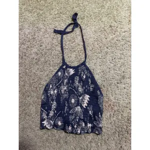 Urban Outfitters Navy Blue Pink Floral Smocked Halter Crop Top XS Boho Summer thumbnail 2