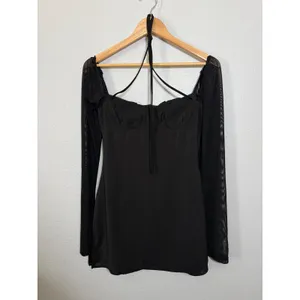 Princess Polly Black Mesh Long Sleeve‎ Bustier Mini Dress US 4 Halter Tie Neck thumbnail 2