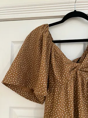 Abercrombie & Fitch Brown Polka Dot Midi Dress with Puff Sleeves thumbnail 3