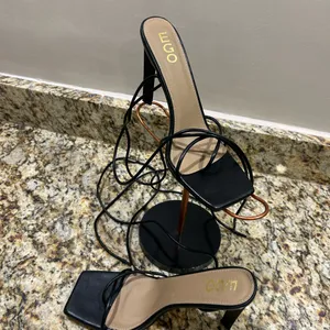 Sandals EGO Black Lace-Up Square-Toe Heeled Sandals 9 Great Shape thumbnail 2