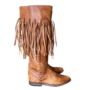 Bed Stu Knee High Fringe Cognac Leather Boots size 7 like new thumbnail 3