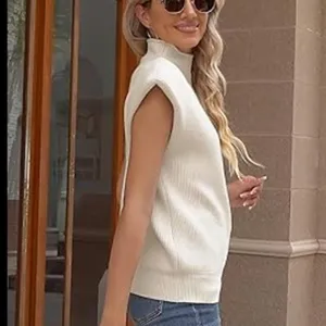 Fashion Women's Size Small Shoulder Pad Sleeveless Jumper Sweater Cream White thumbnail 2