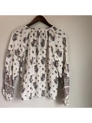 Lucky Brand Floral Print Bohemian Blouse Small Cream Long Sleeve Tassel thumbnail 6