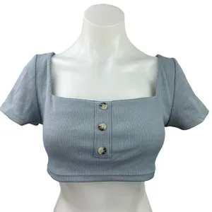 NEW Sabo Skirt Blue Ribbed Square Neck Short Sleeve Stretch Knit Crop Top Size S thumbnail 1