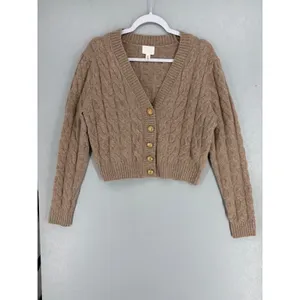 H&M Womens Cardigan Taupe Cable Knit Cropped Gold Button‎ Small thumbnail 2