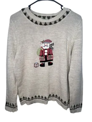 Christopher & Banks Hand Embroidered Santa Cotton Pullover Christmas Sweater thumbnail 1