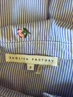 English Factory - Blue Pinstripe Floral Embroidered Ruffle Bow Dress Sz S thumbnail 7