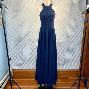 Lulu's Love Poem Lace‎ Halter Gown in Navy Blue thumbnail 3