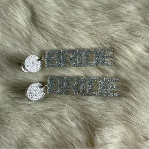 Bride Acrylic Silver Glitter Sparkle Drop Earrings. thumbnail 5