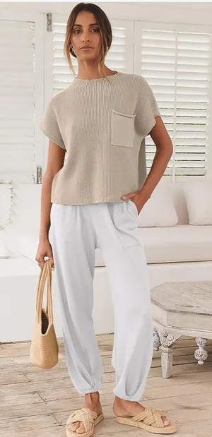 Neutral Knit Top & White Jogger Lounge Set Tan Size M thumbnail 1