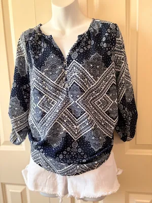 Espresso Navy and White Printed Peasant Blouse Blue Size M thumbnail 1