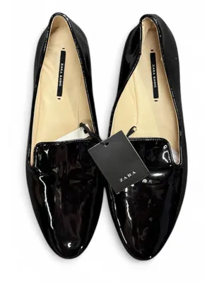 (RC) Zara Women's Black Patent Leather Slip On Flat Loafers Gold Heel Size 41 EU thumbnail 1