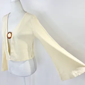 Callahan New Open Front Ring Bell Sleeve Ribbed Vera Top Creme thumbnail 11