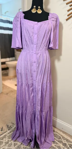 FRNCH Lilac Button-Front Tiered Maxi Dress Tie Back Wedding Guest Shower Spring thumbnail 1