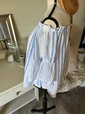 Girl krazy 100% cotton off shoulder coastal Beach boho stripe white blue top M thumbnail 5