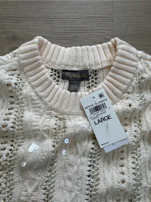Style & Co. Cream Cable Knit Sequin Crewneck Sweater thumbnail 2