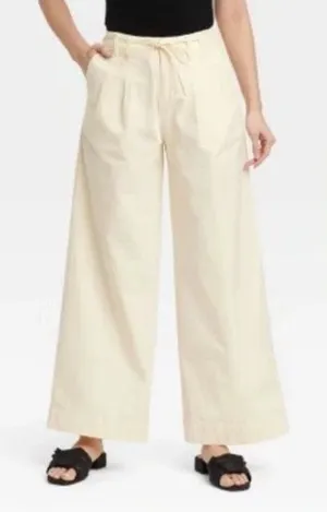 A New Day Women's Size 14 Wide-Leg Chino Pants Cream Tie Waist Pleated Stretch thumbnail 1