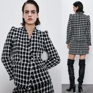 Zara TEXTURED TWEETED Houndstooth Blazer w/POCKETS BLACK/WHITE NEW thumbnail 2