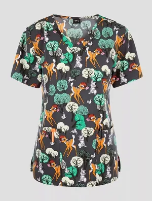 Disney nwt Bambi size XS Scrubs Tooniforms V Neck Top Forest Royalty 2-Pocket thumbnail 1