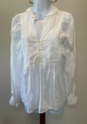LOFT Top White Eyelet 100 Percent Cotton Ruffle Collar Trim Size M thumbnail 1