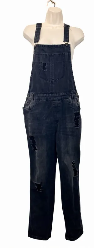 Love Tree Denim Overalls Size M Dark Wash Distressed Black Gray Overalls thumbnail 1
