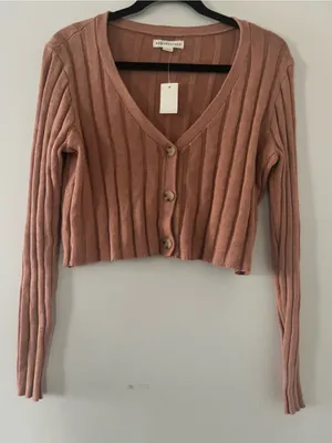 NWT Aeropostale Brown Ribbed Crop Button Up Cardigan Sweater Medium Fall Cozy thumbnail 1