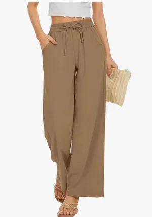 NEW Flowy Drawstring Waist Wide Leg Palazzo Beach Pants Loose Fit Pockets M thumbnail 1