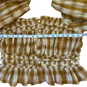 Bohme Brown Beige Plaid Smocked Blouse Size Large NWOT thumbnail 9