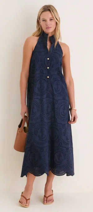 Tuckernuck Navy Nautical Eyelet Jagger Halter Dress Scallop Coastal Beach Resort thumbnail 1