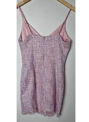 Fanco Pink Tweed Mini Dress Size Small NWT Barbie Preppy Fringe Spaghetti Strap thumbnail 2