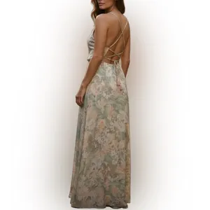 Romantic Floral Open Back Maxi Dress Peach Green Cream NWT M thumbnail 2